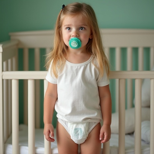 A young girl with long blonde hair stands in a crib. She has emerald green eyes and is wearing a short-sleeved white t-shirt and disposable diapers. A pacifier is in her mouth.