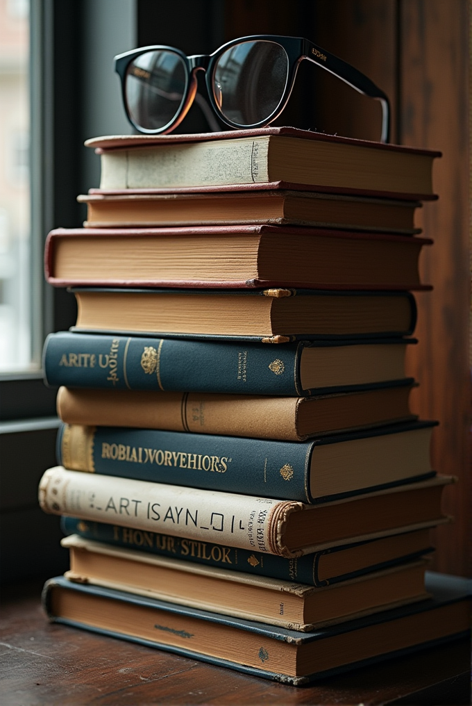 A stack of books is placed on a table near a window. On top of the books is a pair of sunglasses. The covers of the books are mostly dark, with some having gold lettering.