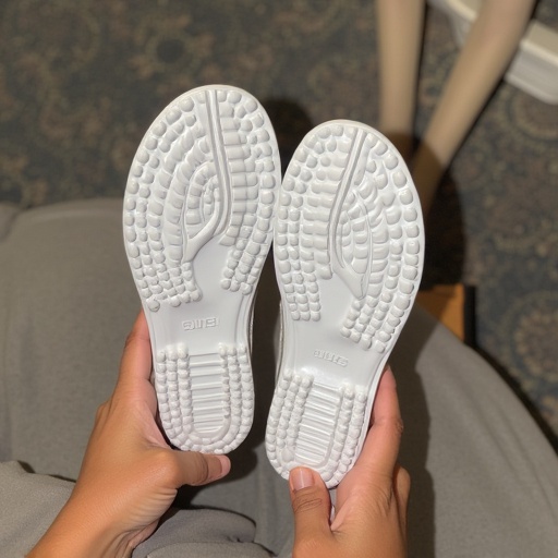 Image of white shoe soles being held by hands. Soles have a unique patterned design. Background is softly blurred but an instance of clothing is visible. Focus is on the contours and textures of the soles.