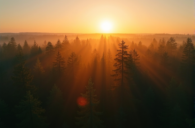 The sun rises over a misty forest, casting warm light and long shadows between the trees.