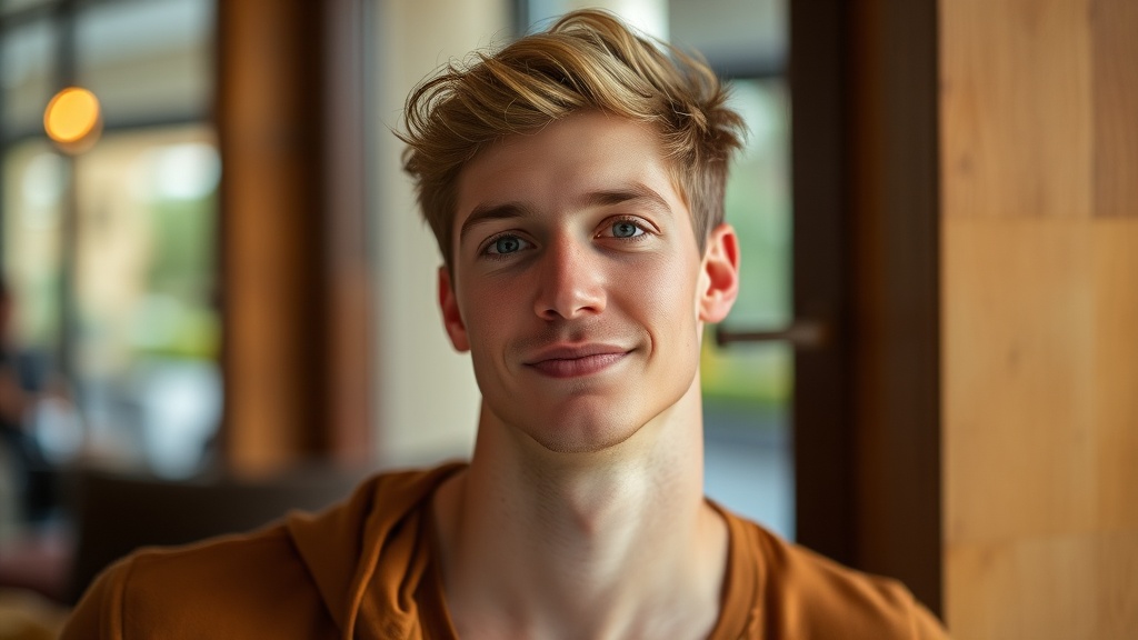 A young man with a casual, friendly demeanor poses in a cozy wooden cafe setting.