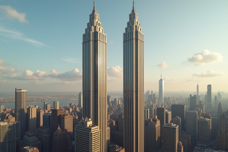 Twin skyscrapers in New York City designed with Art Deco architecture. The image features two towering buildings resembling the Twin Towers. The skyline and environment around them are shown. Soft natural light highlights the buildings.