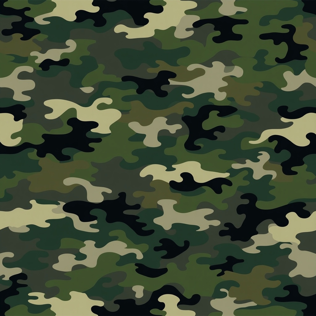 This image showcases a camouflage pattern with a mix of dark and light greens, black, and white. It's inspired by dazzle camouflage designs, which are often used in military applications. The pattern's abstract shapes overlap in a way that helps to break up outlines and conceal objects in natural environments. The design is visually dynamic while ensuring functionality in terms of camouflage. It could be used across various products, from military uniforms to outdoor gear.