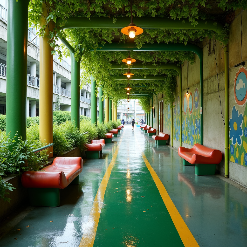 A vibrant green corridor with red benches and leafy vines overhead.