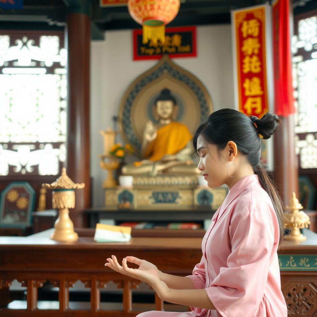 A woman meditates in a serene Buddhist temple setting.