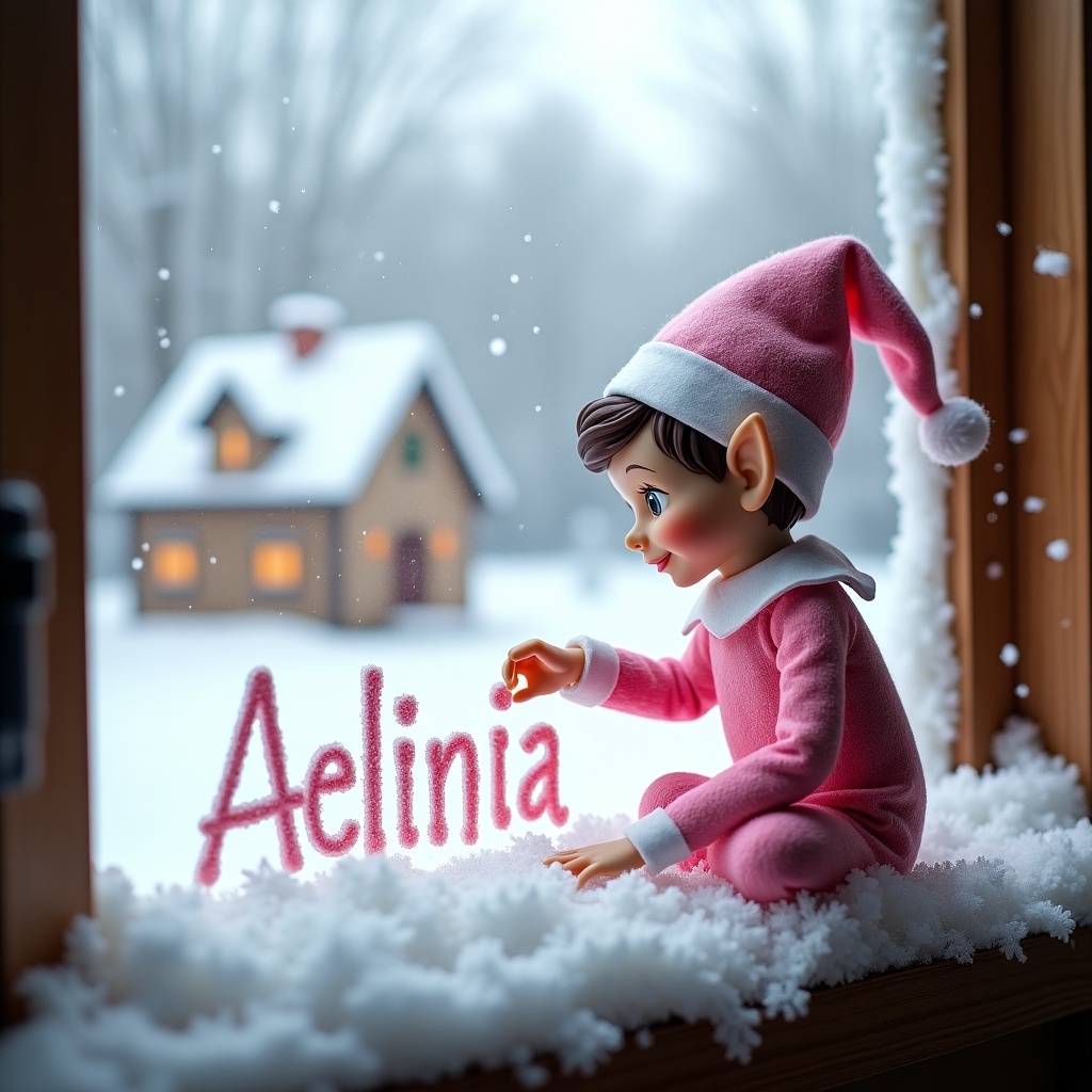 A pink girl elf sits on windowsill covered in snow. She writes 'Aelinia' in the soft white snow. The window frames a cozy winter scene. A small, charming house is in the background. Snowflakes fall gently around. The elf's pink outfit and playful expression invite joy and warmth during holiday season.