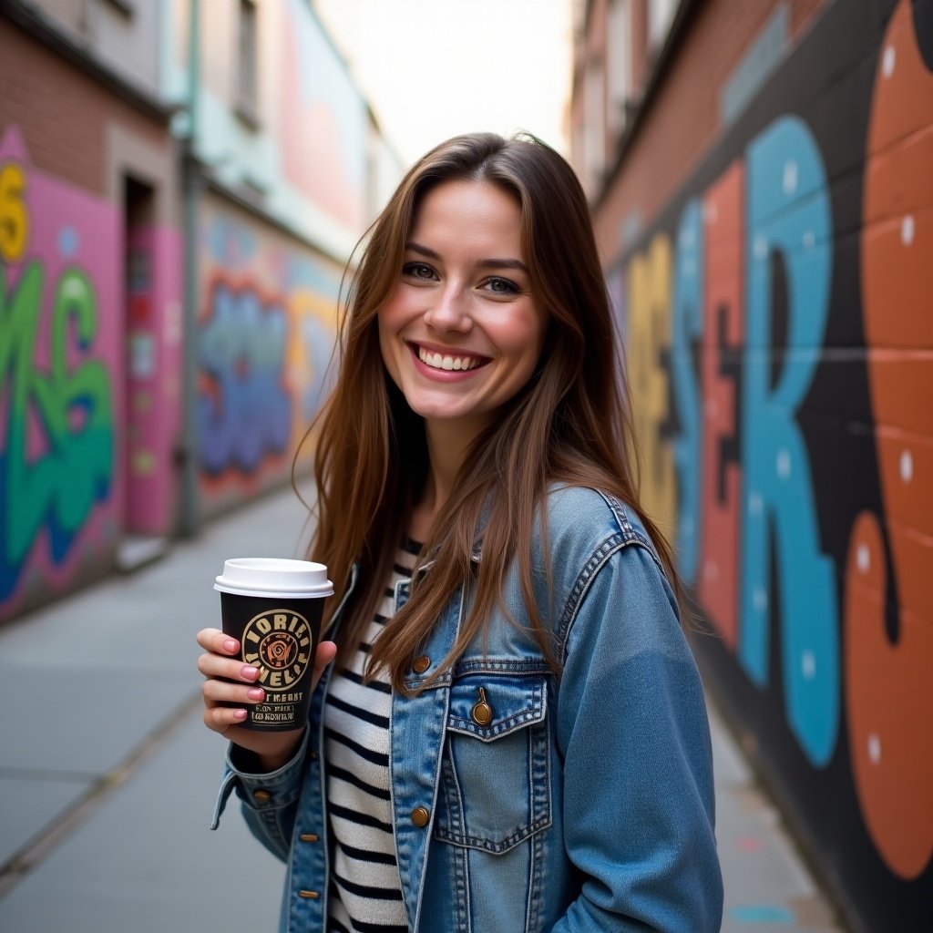 Young woman smiles while holding a coffee cup in an urban alley. Brightly colored mural in background. Casual attire with denim jacket and striped shirt.