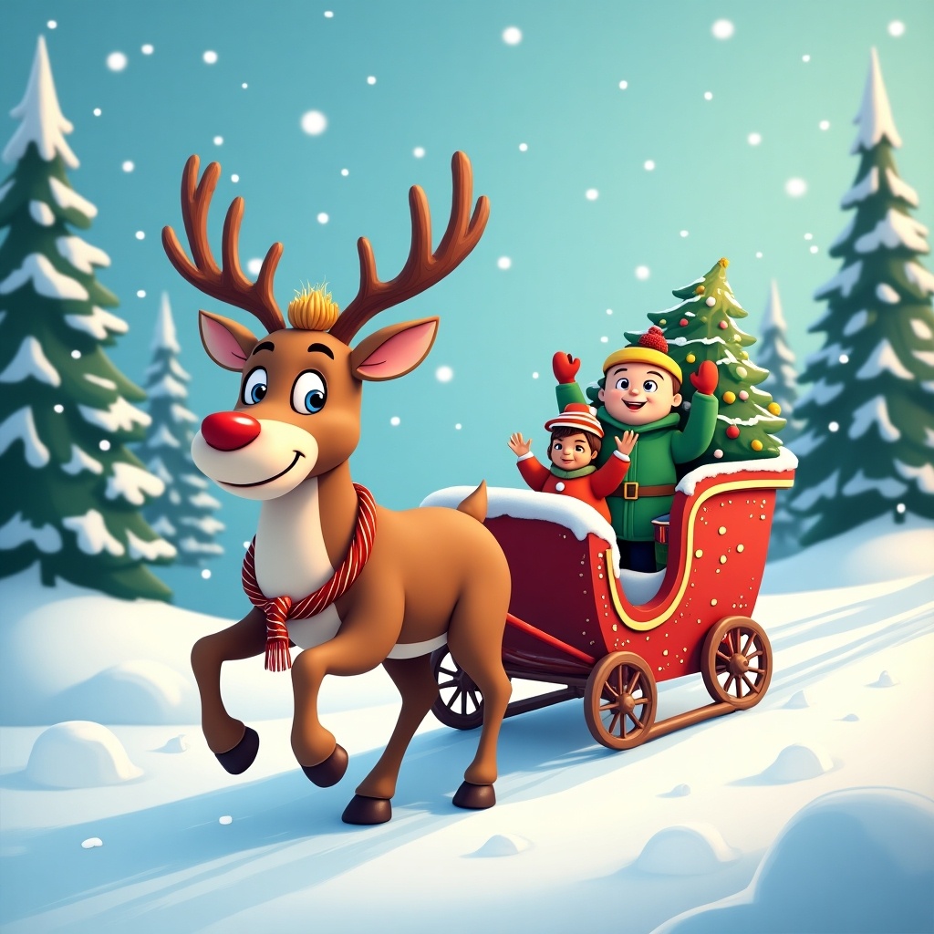 Cheerful reindeer pulling a festive sleigh in a snowy landscape. A joyful scene with winter trees and snowfall. Family enjoying the ride. Warm and joyful atmosphere.