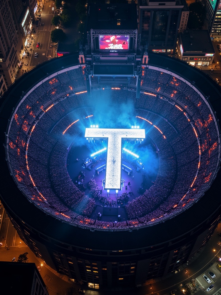 Aerial view of a Travis Scott concert at Madison Square Garden. 360 concert stage with a prominent T stage. The stadium is filled with a large audience. Dramatic lighting effects and smoke enhance the concert ambiance.