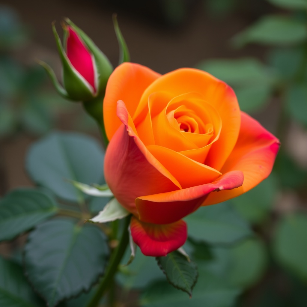 A vibrant orange rose with a hint of pink at the edges, surrounded by lush green leaves.