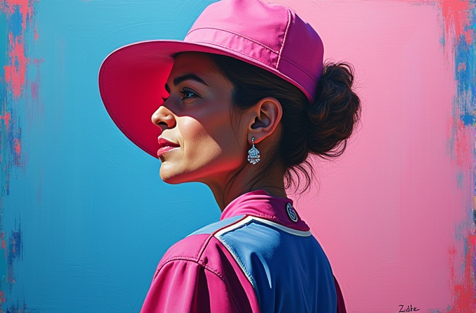 A woman in a pink hat and shirt stands against a vibrant pink and blue background.