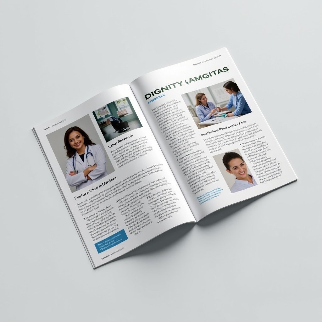 An open magazine spread with the title 'Dignity Amigitas'. One page features a medical professional photo. The other page has sections like 'Latest Research', 'Necturity Prep', and 'Health Tips' with images of healthcare settings. The layout looks professional. Text discusses expert opinions and health-related topics.