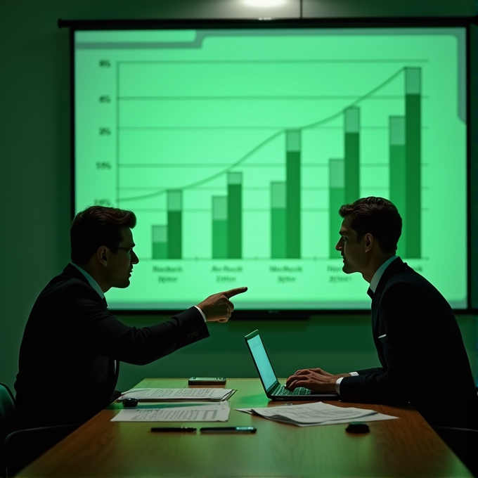 In a dimly lit boardroom, two business professionals engage in a heated discussion over performance charts projected on a screen.