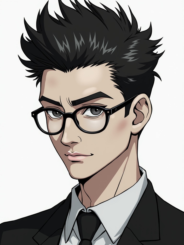 A man with black spiky hair swept to the side. He has a long face with prominent cheekbones and wears glasses with round frames. He is dressed in formal clothing.