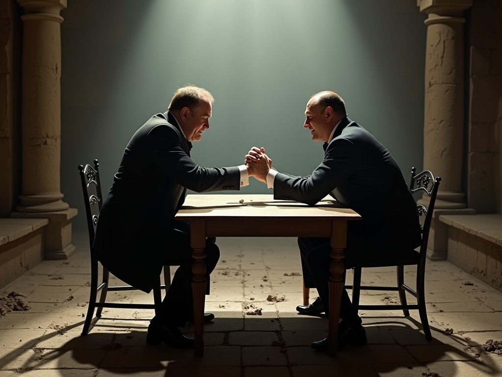 The image features two men in suits engaged in an intense arm-wrestling match at a wooden table, each displaying determination and focus. The setting is dramatic, with towering stone pillars and ambient dim lighting, creating a historic and powerful atmosphere. The light beams down from above, highlighting the men's serious expressions and muscular tension.