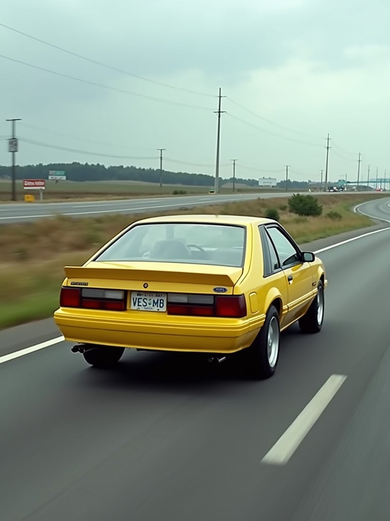 A yellow 1980 Ford Mustang being driven on a highway. The car is in motion on a wide road. The background features a blurred landscape.