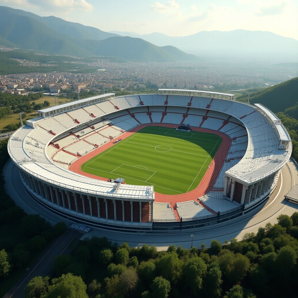 Stadium design features Olympic and soccer elements. East and west sides have two-tiered stands. North and south stands have one tier. Total capacity is 60000. Running track along east and west sides. Stands next to soccer field with no running track in between. Design resembles Spyros Louis stadium.