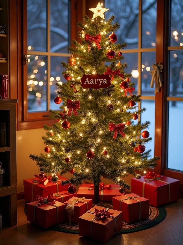 A decorated Christmas tree stands in a cozy room. The tree is adorned with lights and ornaments. At the base of the tree, there are numerous beautifully wrapped gifts. A name sign reading 'Aarya' is prominently displayed. The warm glow of the lights creates a festive atmosphere. Outside the large window, a blanket of snow is visible.