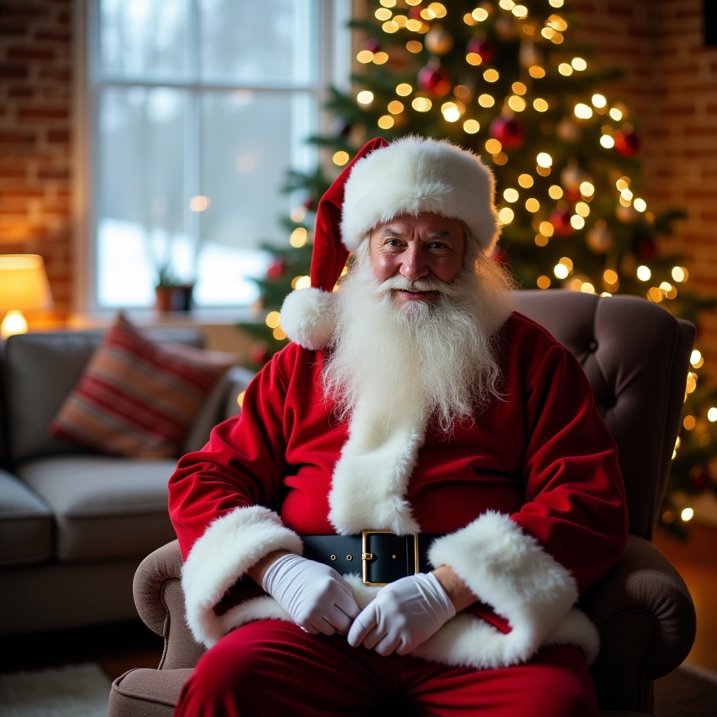 Santa Claus sitting in a chair with a festive background. Christmas tree decorated with lights. Warm indoor setting. Traditional red and white costume. Gleeful expression. Cozy and inviting atmosphere.