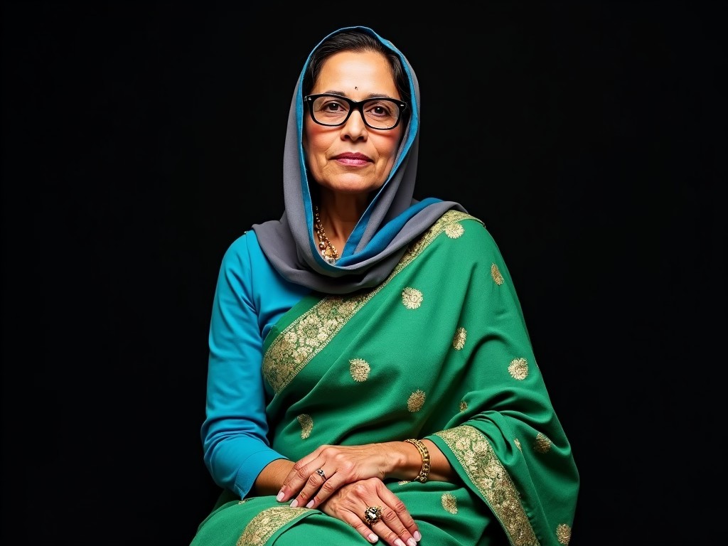 Portrait-style image featuring a mature Pakistani woman seated against a plain black background. She has a medium skin tone and is wearing glasses with rounded rectangle frames. Her expression is neutral, and she is dressed in a vibrant green sari with intricate patterns, paired with a vibrant blue blouse. A blue and grey hijab covers her head, draping elegantly over her shoulders. The translucent cloth of her hijab is partially covering her chest. Her hands are resting in her lap, and she wears a ring on her left hand. The overall composition is centered, with the subject occupying the majority of the frame, creating a balanced and focused visual presentation.