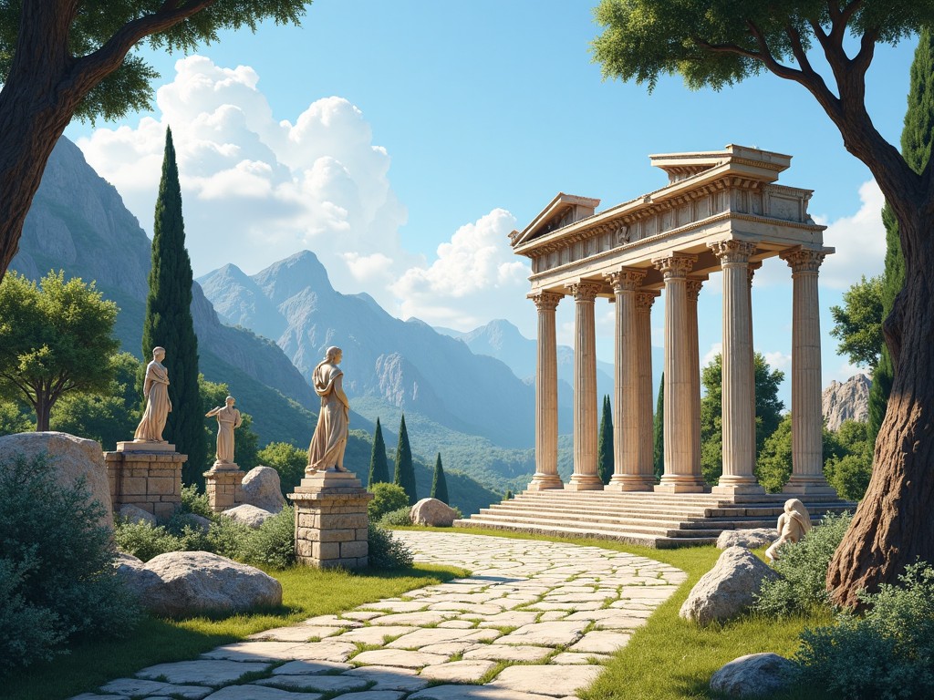 A serene landscape featuring an ancient Greek temple with classical pillars and statues in a mountainous setting, under a bright blue sky.