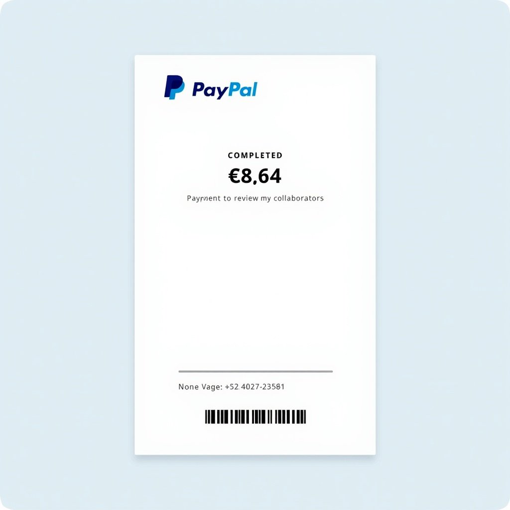 Illustration of proof of payment document from PayPal. Completed transaction of €8.64. Payment directed to account reviewmycollaborators. Layout emphasizes clarity with bold text and simplified background.