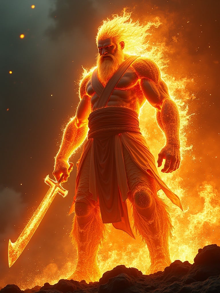 A colossal fire deity stands over a molten landscape. Half of the body is flames. The other half shows a powerful giant. The deity has a fierce expression. Wears ancient garment made of fire. Holds a jagged sword of fire. Scene is lit with a primal glow. Background has molten lava and explosions. Low angle makes the deity appear unstoppable.