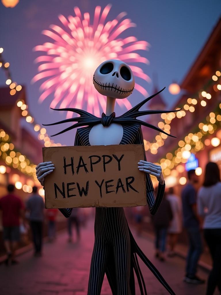 Jack Skellington character holds a sign saying Happy New Year. Fireworks light up the sky above. People enjoy a festive atmosphere on the street.