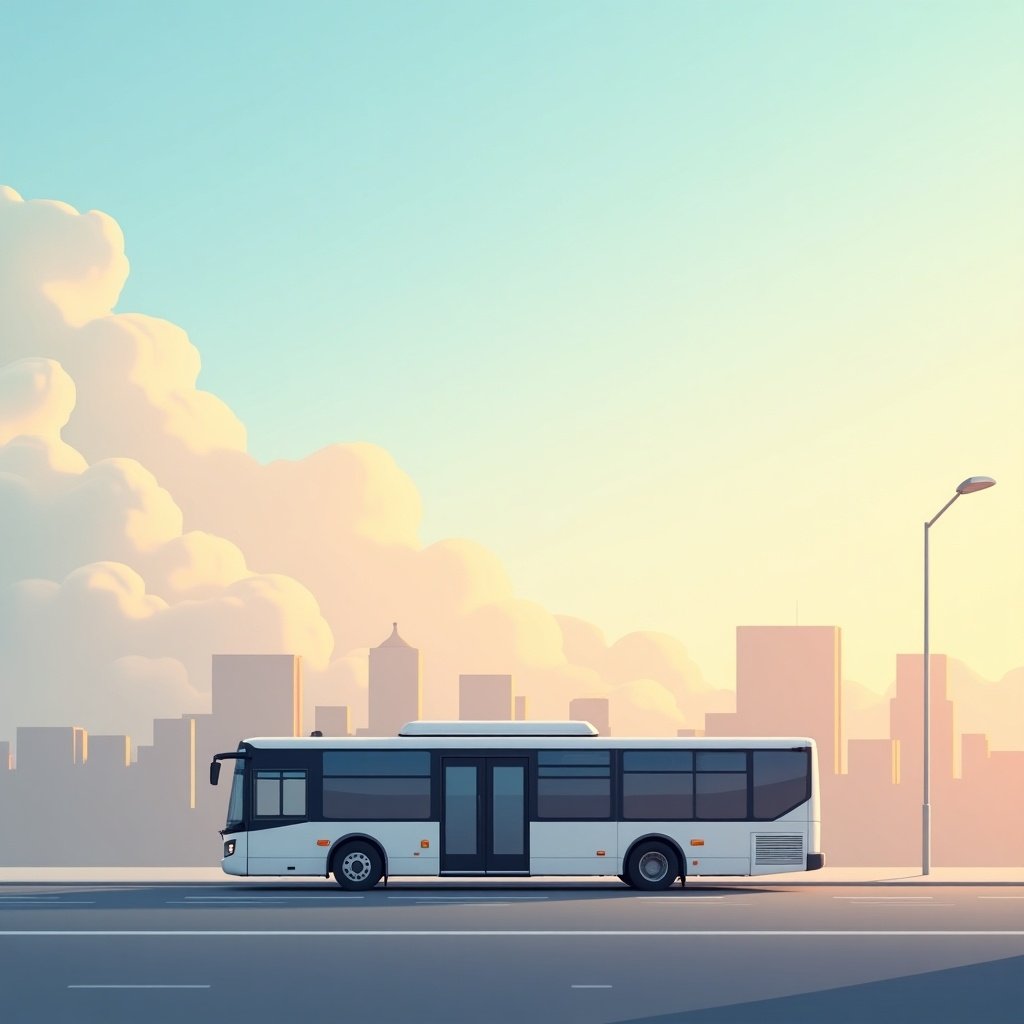 Realistic image featuring a sleek modern city bus on a clean street with a minimal cityscape in the background. The sky is clear with soft clouds and a gradient from light blue to warm orange suggesting early morning or late afternoon. The composition emphasizes openness, tranquility, and highlights the bus as the focal point.