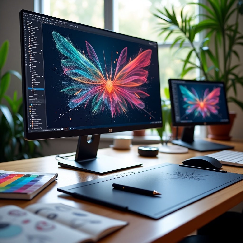 A modern workspace featuring two computer monitors displaying colorful digital artwork. One monitor shows a vibrant butterfly design. A digital drawing tablet and colored notepads are on the desk. The environment has green plants and a well-lit atmosphere.