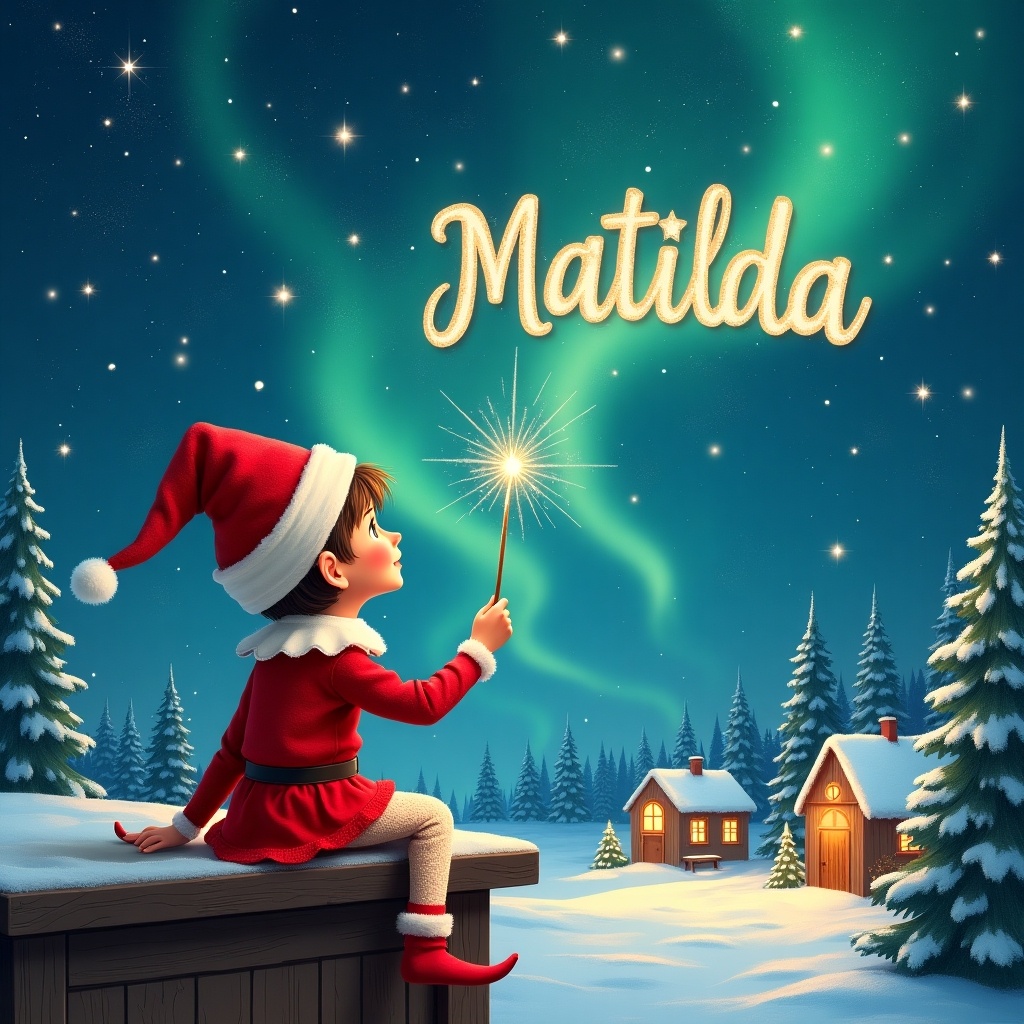 An enchanting scene featuring an elf sitting on a wooden ledge. The elf gazes at a magical sky, adorned with shimmering Northern Lights. Dressed in a red outfit with a pointed hat, it holds a sparkling wand. With the wand, the elf writes 'Matilda' in the starry sky, creating a sense of wonder. The snowy landscape includes charming little houses and evergreen trees, enhancing the festive atmosphere. The elf also elegantly adds the names 'Bentley' and 'Piper' to the sky, enriching this magical depiction.