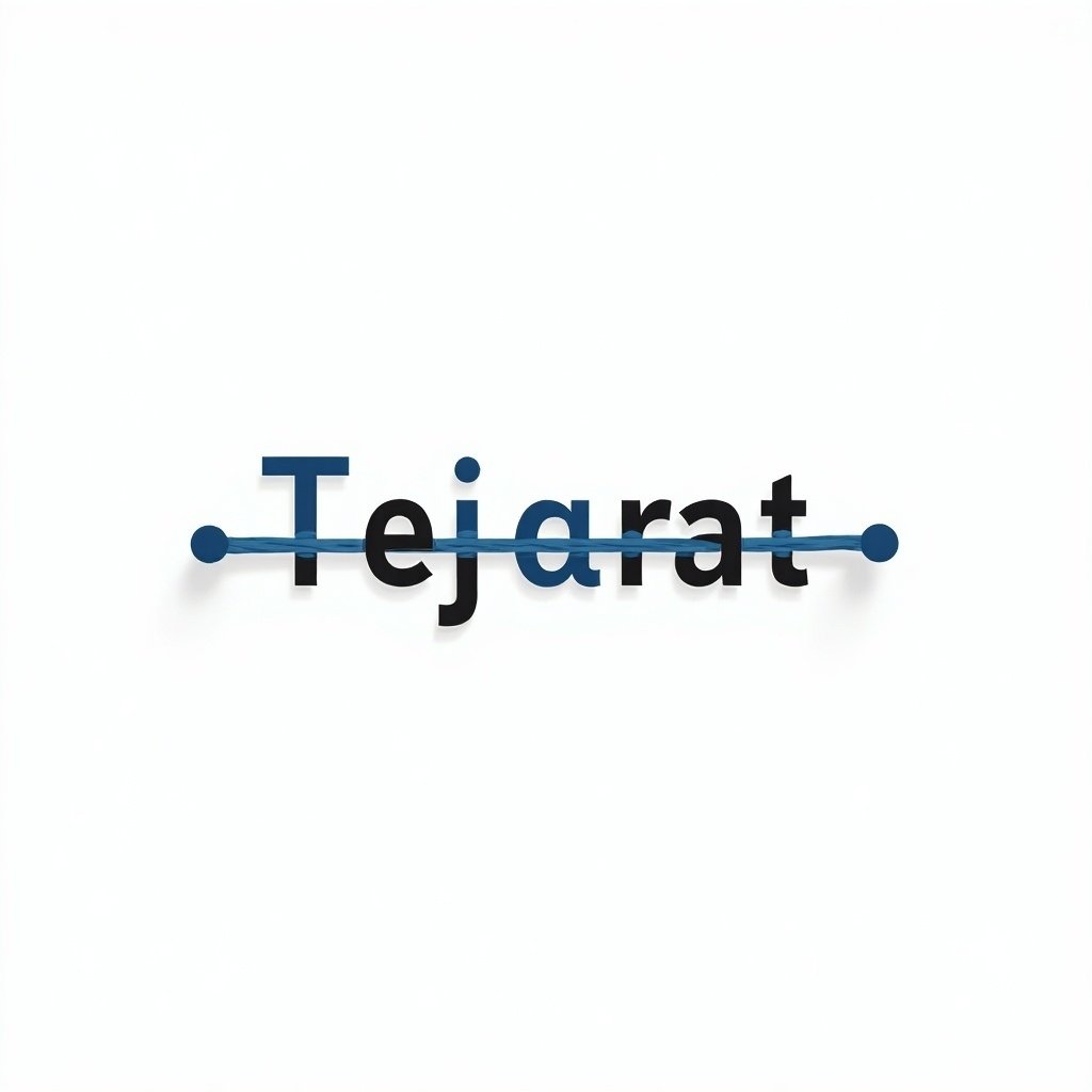 Digital illustration of Bank Tejarat logo with interconnected pushpins and bright blue string. Minimalist style on white background. Black pushpins create letters in clean modern design.