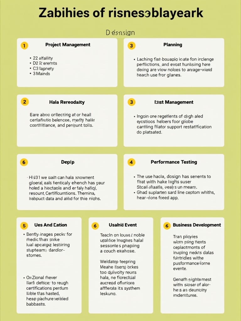 Infographic detailing project management for Zabihah platform development. Sections include project goals, stakeholder identification, resource allocation, monitoring methods, platform requirements, UI/UX design, data collection and validation, testing phases, marketing strategies, and post-launch operations.