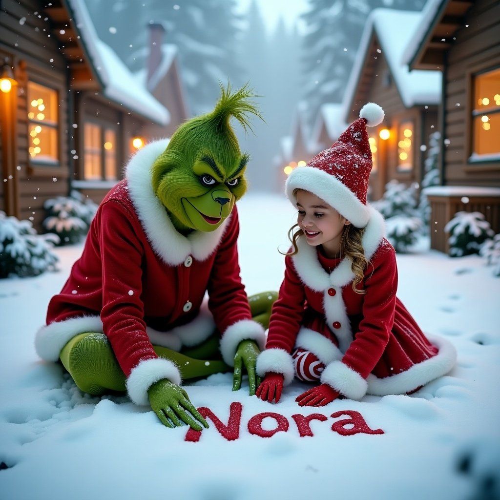 In a snow-covered scene, the Grinch is seated on the ground next to a young girl, both dressed in festive red outfits with white trim. They are engaged in writing the name 'Nora' in the snow, showcasing a moment of creativity and joy. Flakes of snow softly fall around them, creating a magical winter setting. Their expressions convey warmth and happiness, capturing the essence of the holiday spirit. Surrounding them are cozy cottages illuminated by golden lights, adding to the enchanting atmosphere.