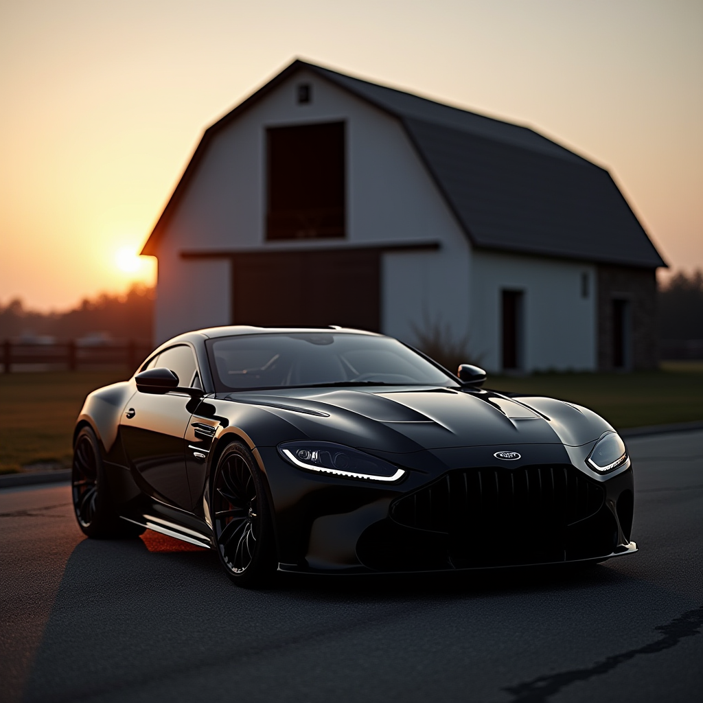 A sleek black sports car gleaming against a serene sunset backdrop with a barn in the background.