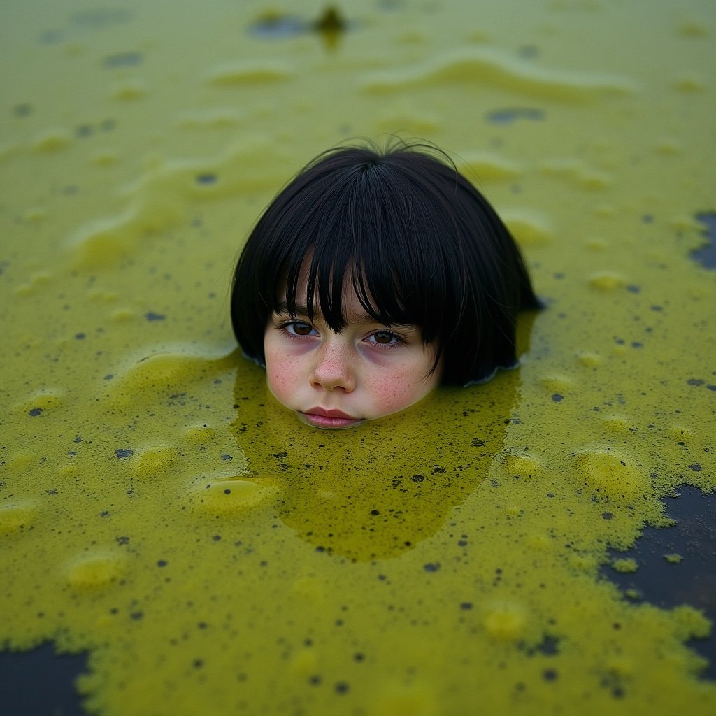 A boy drowns in a green swamp with black sludge. He is submerged up to his shoulders in thick algae. Nature is depicted as both beautiful and deadly. The swamp is eerie and dark.