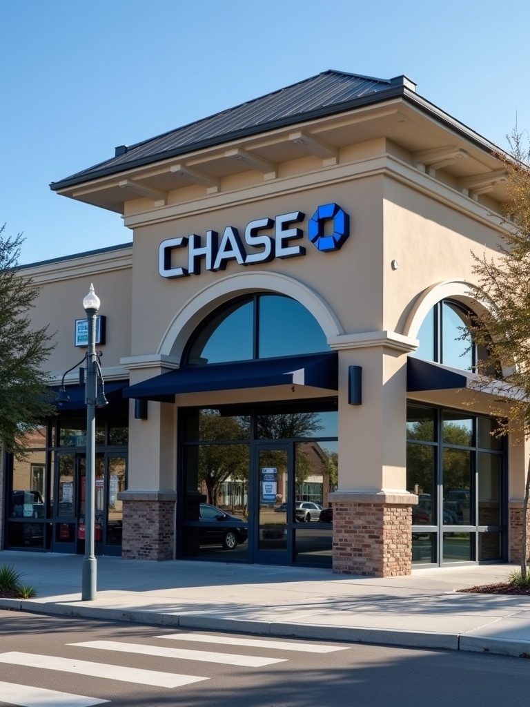 Image shows a modern Chase Bank building. The bank has a large blue Chase logo on the front. The structure has a tan facade with a peaked roof and large windows. Trees surround the building. Clear skies and bright sunlight illuminate the scene. The entrance is accessible with a pedestrian crosswalk in the foreground.