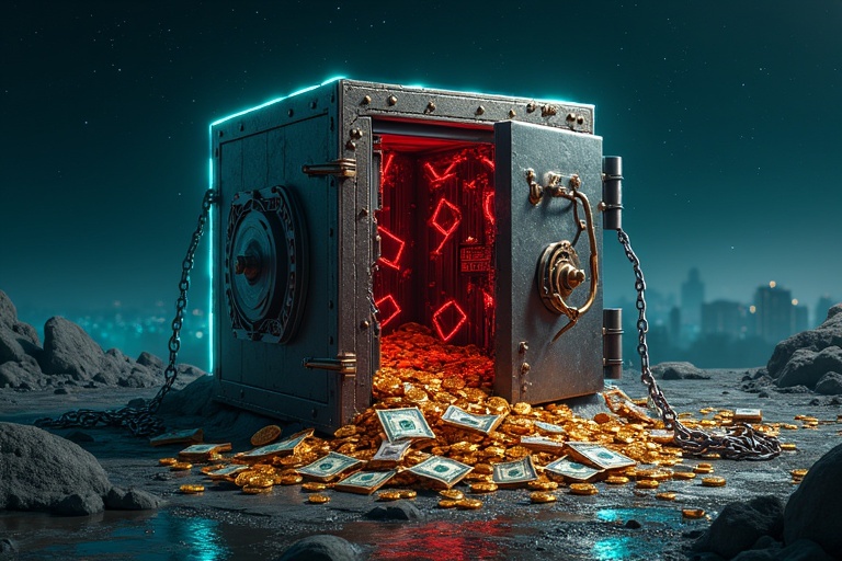 Square bank vault breaking apart with red cracks. Gold coins and dollar bills spilling out. Glowing blue and green crumbling chains surrounding the vault. Dark starry sky with faint city skyline in background. Futuristic style blending realism and digital art.