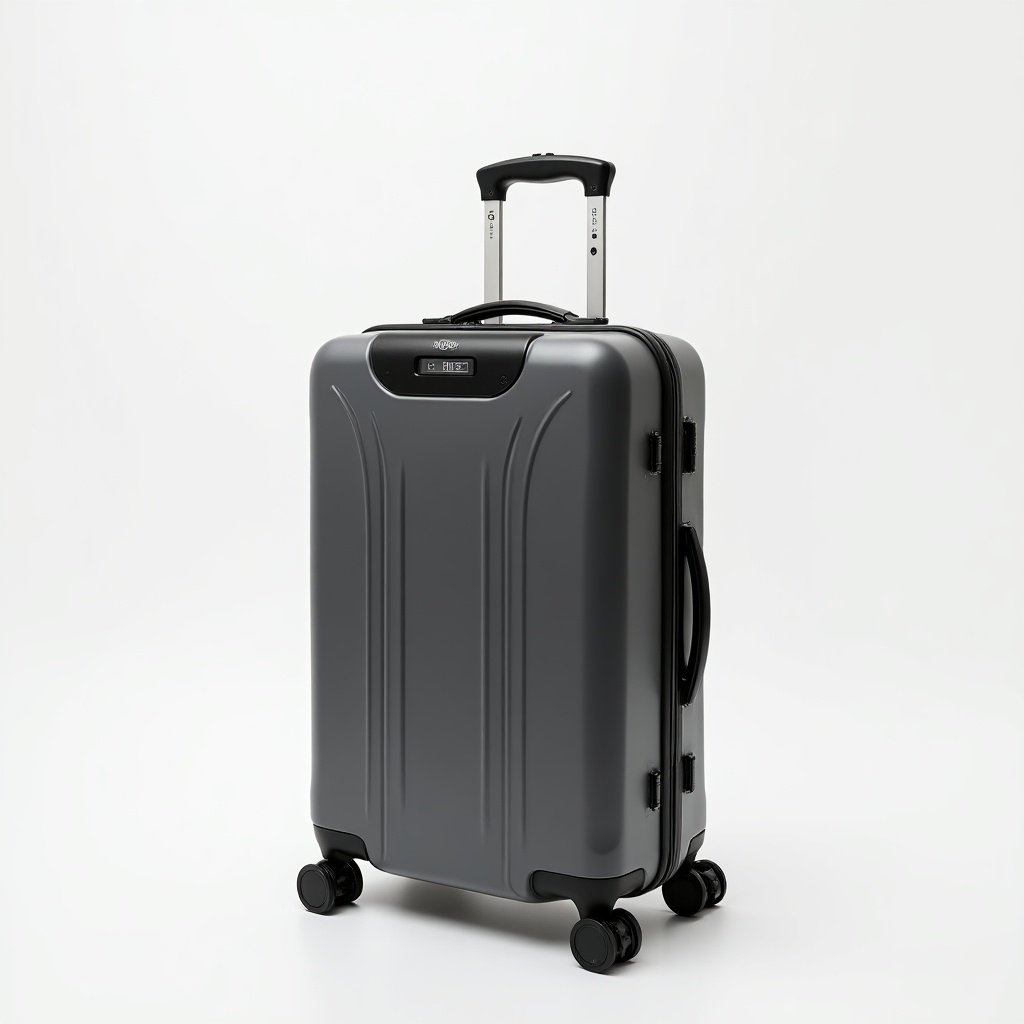 Image of a modern luggage bag with an inbuilt GPS tracker featuring a weight scale. Outer shell constructed from durable PET plastic. Gray exterior with sleek design.