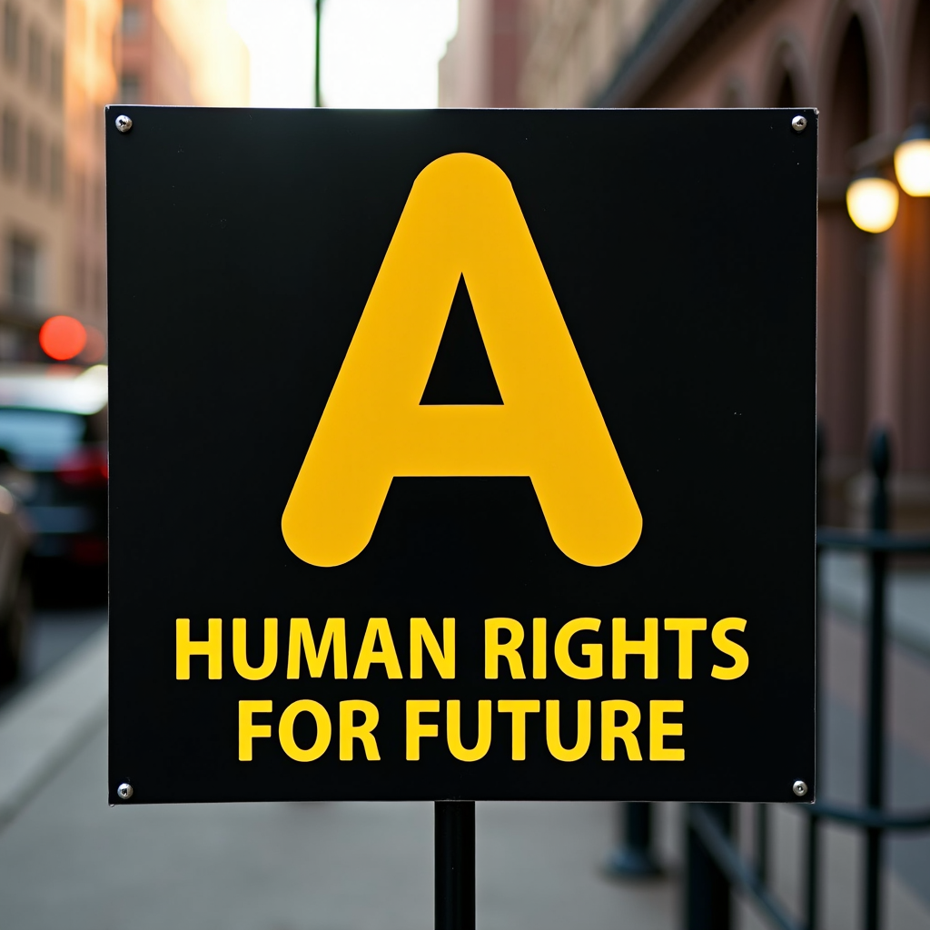 A bold, black street sign in an urban setting displays a large yellow 'A' above the phrase 'Human Rights for Future' in yellow letters.