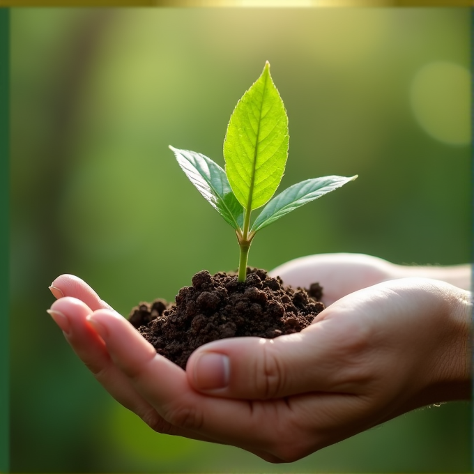 A small plant with green leaves held gently in cupped hands.