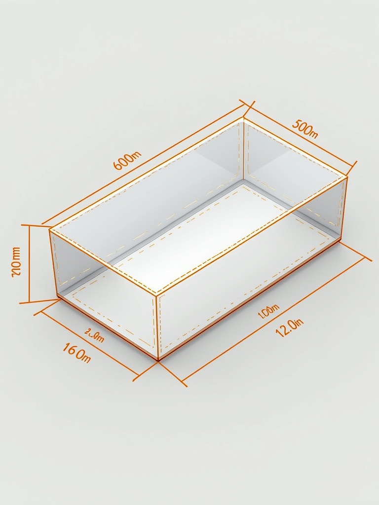 Illustrate an isometric view of a transparent rectangular box. Clearly show dimensions in inches. Include measurement lines and yellow notes on a light gray background. Display orthographic projection with front top and side views labeled with metric dimensions. Highlight circles angles and add notations for radii and diameters. Include a section for sketching. Provide detailed measurements for manufacturing.