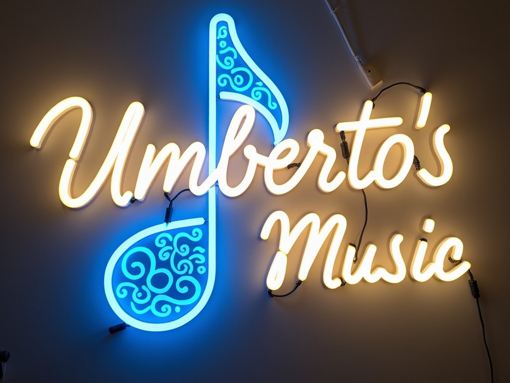 This image features a brightly lit neon sign showcasing the words 'Umberto's Music'. The design incorporates a musical note which is elegantly styled. The combination of blue and yellow neon creates a visually striking effect. This type of signage is often seen in music shops and entertainment venues. The sign serves both functional and artistic purposes, enhancing the ambiance of the location.