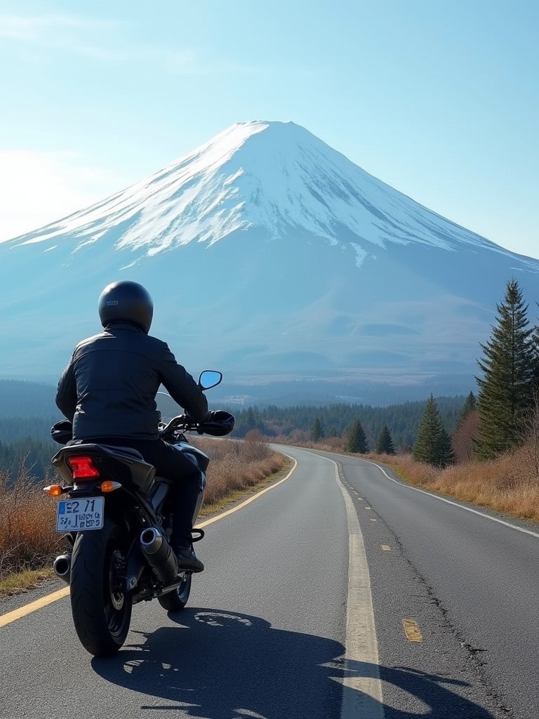 Motorcycle ride on a winding road during spring in Japan. Mount Fuji in background under clear sky. Biker wearing helmet and leather jacket. Scenic view of nature and mountains.