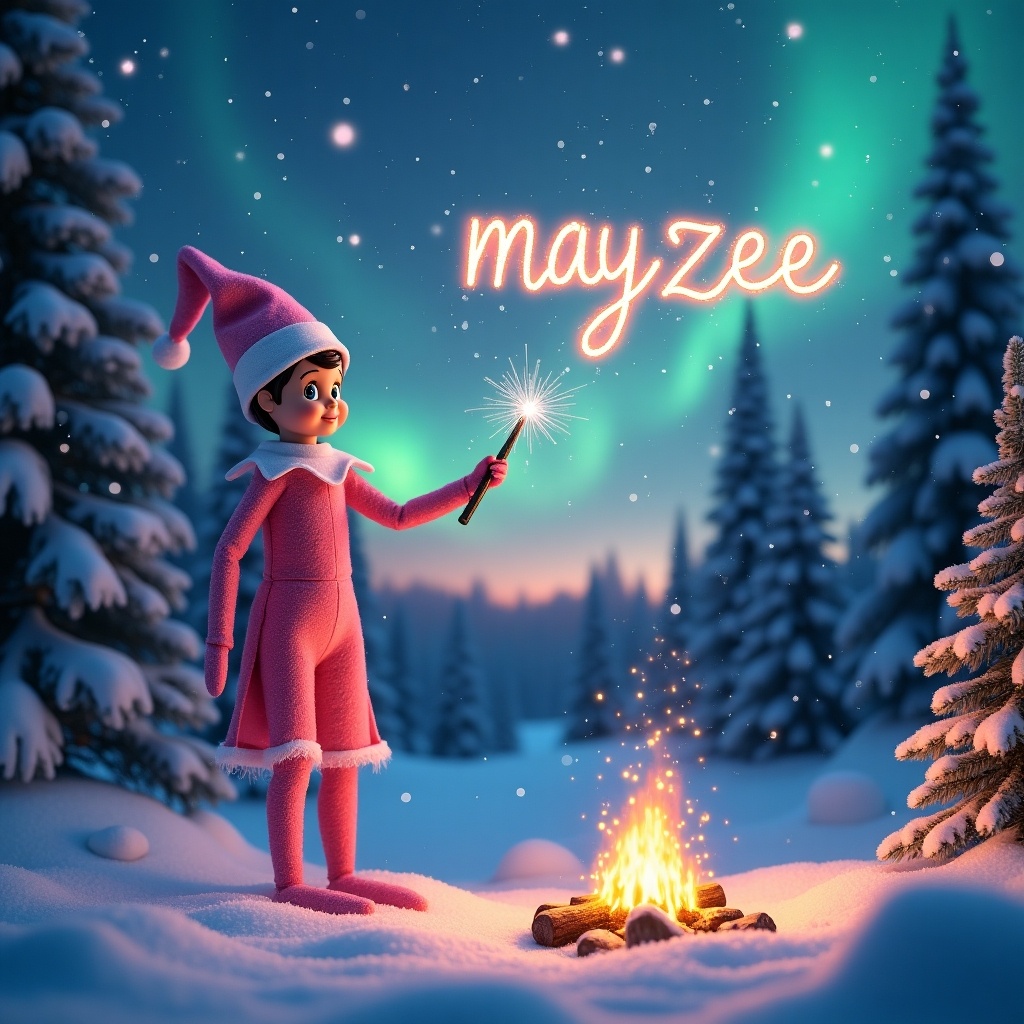 Traditional pink elf stands in snowy forest. Magic wand twinkles writing 'mayzee'. Sparkling snowflakes swirl around elf. Northern lights glow in pink, purple, turquoise hues in the background. Campfire crackles, casting a warm golden glow. Christmas tree stands tall, branches heavy with snow and lights twinkling.