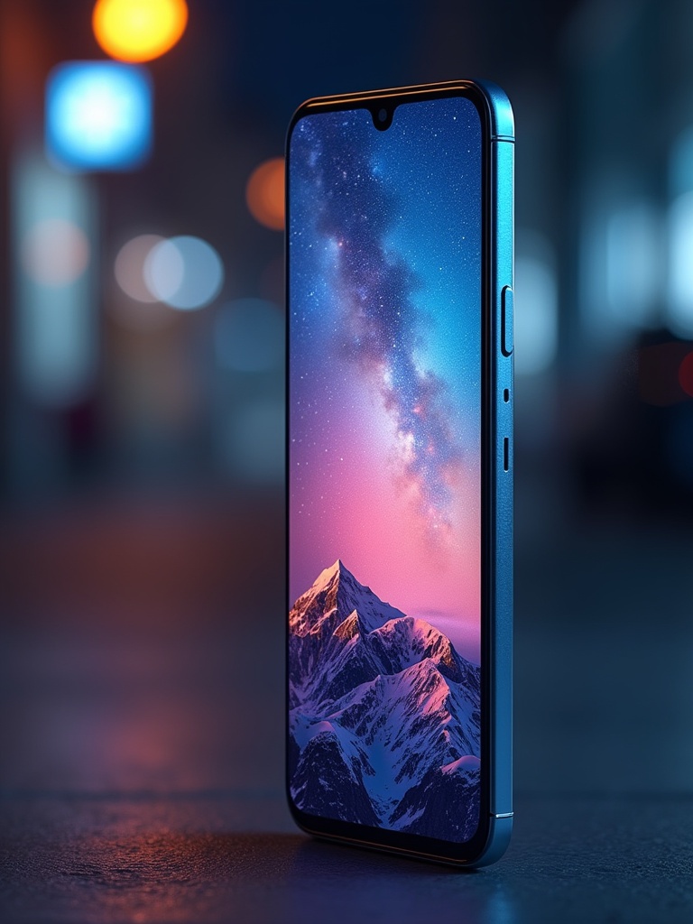 A smartphone is displayed from the side. The screen showcases a lively wallpaper inspired by the UAE. Background features a softly lit atmosphere with blurred lights.