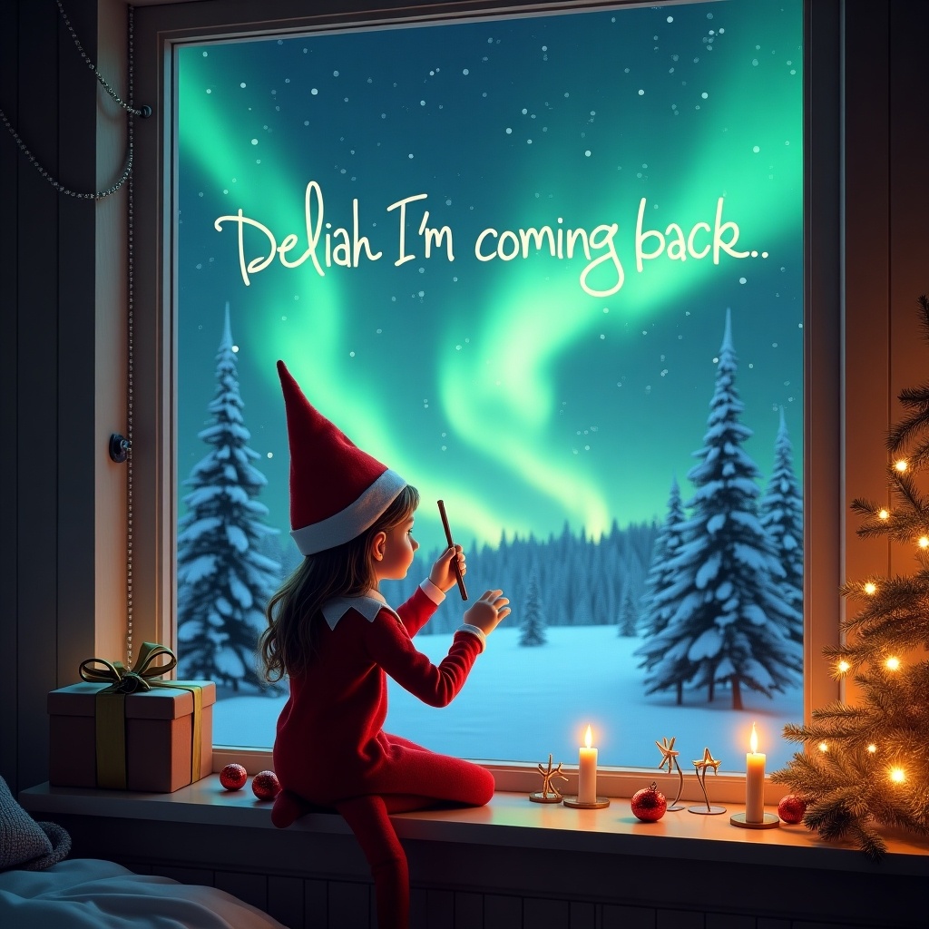 Image shows a girl elf looking out a window on a magical Christmas night. She writes 'Delilah I’m coming back' in the sky with a wand. Background includes Northern Lights and snow-covered trees. The room is beautifully decorated for Christmas.