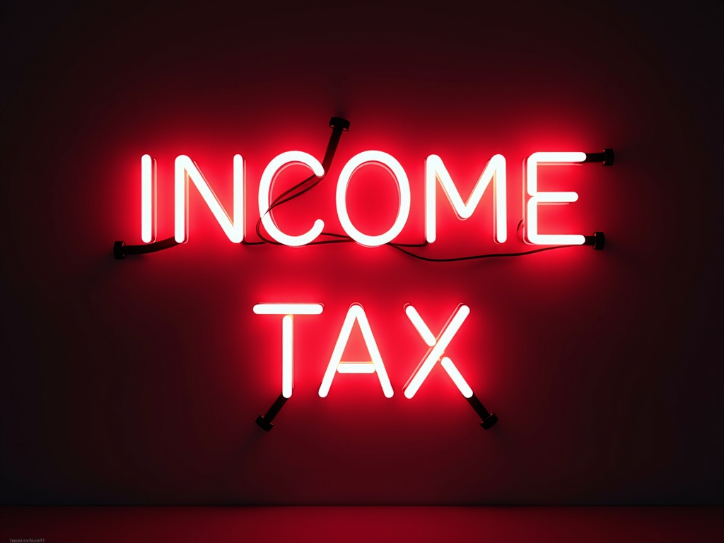 A glowing red neon sign displays the words 'INCOME TAX'.