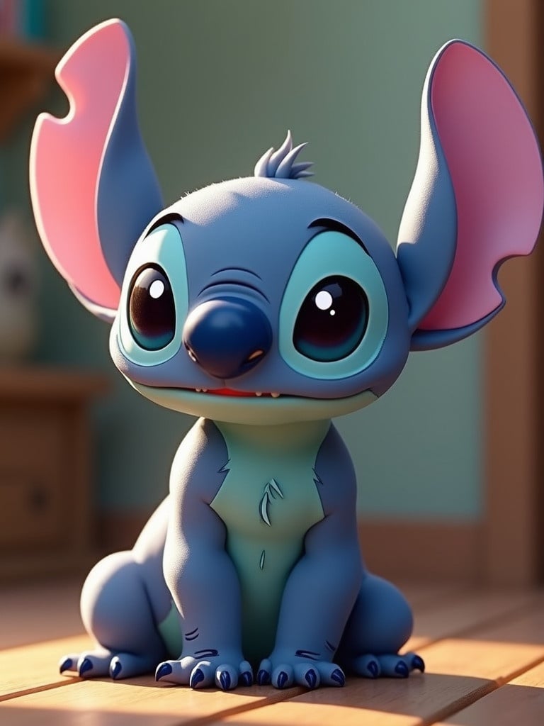 Character named Naila inspired by Stitch. Character has large ears and big eyes. Character is sitting on a wooden floor in a cozy room. Light colors and soft textures create a friendly look.