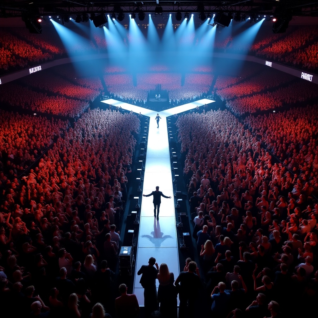 Roddy Rich performs at Madison Square Garden. Concert stage features T-stage design. Aerial view shows large audience. Performer's silhouette highlighted by stage lights.